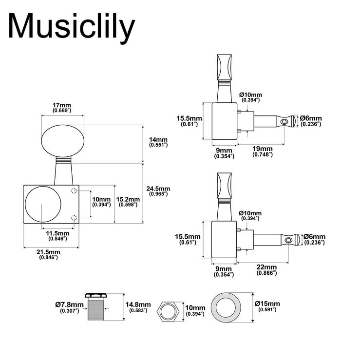 Musiclily Pro R18K-21 Left-Handed 6-in-line 18:1 Ratio 2-Pin Full Sealed Staggered Guitar Tuners Machine Heads Tuning Pegs Keys with Vintage Oval Button for Fender Strat Tele Style