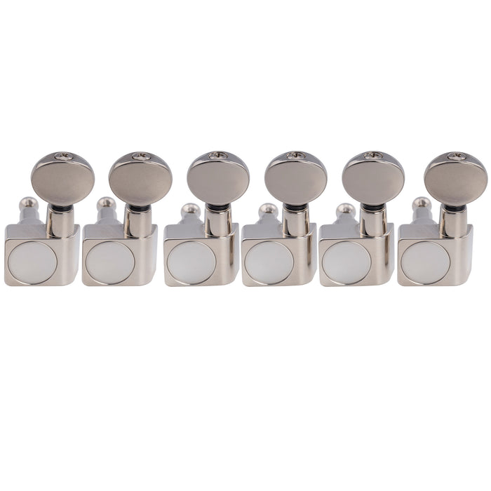 Musiclily Pro R18K-21 Left-Handed 6-in-line 18:1 Ratio 2-Pin Full Sealed Staggered Guitar Tuners Machine Heads Tuning Pegs Keys with Vintage Oval Button for Fender Strat Tele Style