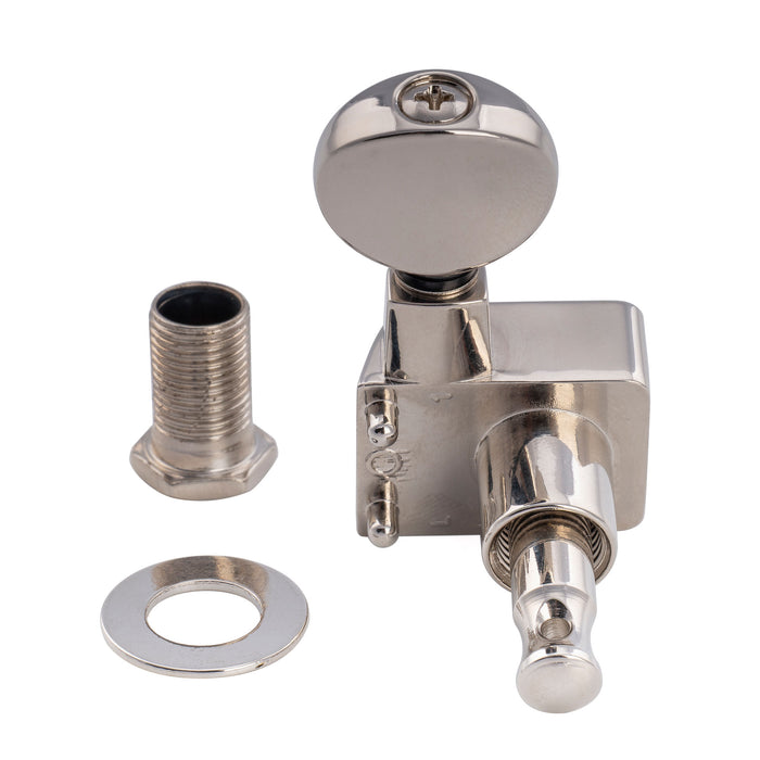 Musiclily Pro R18K-21 Left-Handed 6-in-line 18:1 Ratio 2-Pin Full Sealed Staggered Guitar Tuners Machine Heads Tuning Pegs Keys with Vintage Oval Button for Fender Strat Tele Style