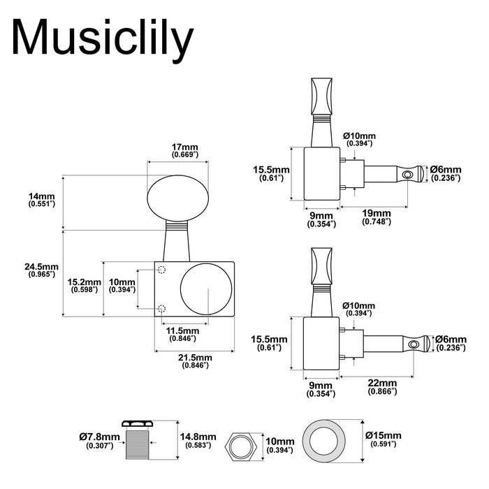 Musiclily Pro R18K-22 6-in-line 18:1 Ratio 2-Pin Full Sealed Staggered Guitar Tuners Machine Heads Tuning Pegs Keys with Vintage Oval Button for Fender Strat Tele Style Electric Guitar
