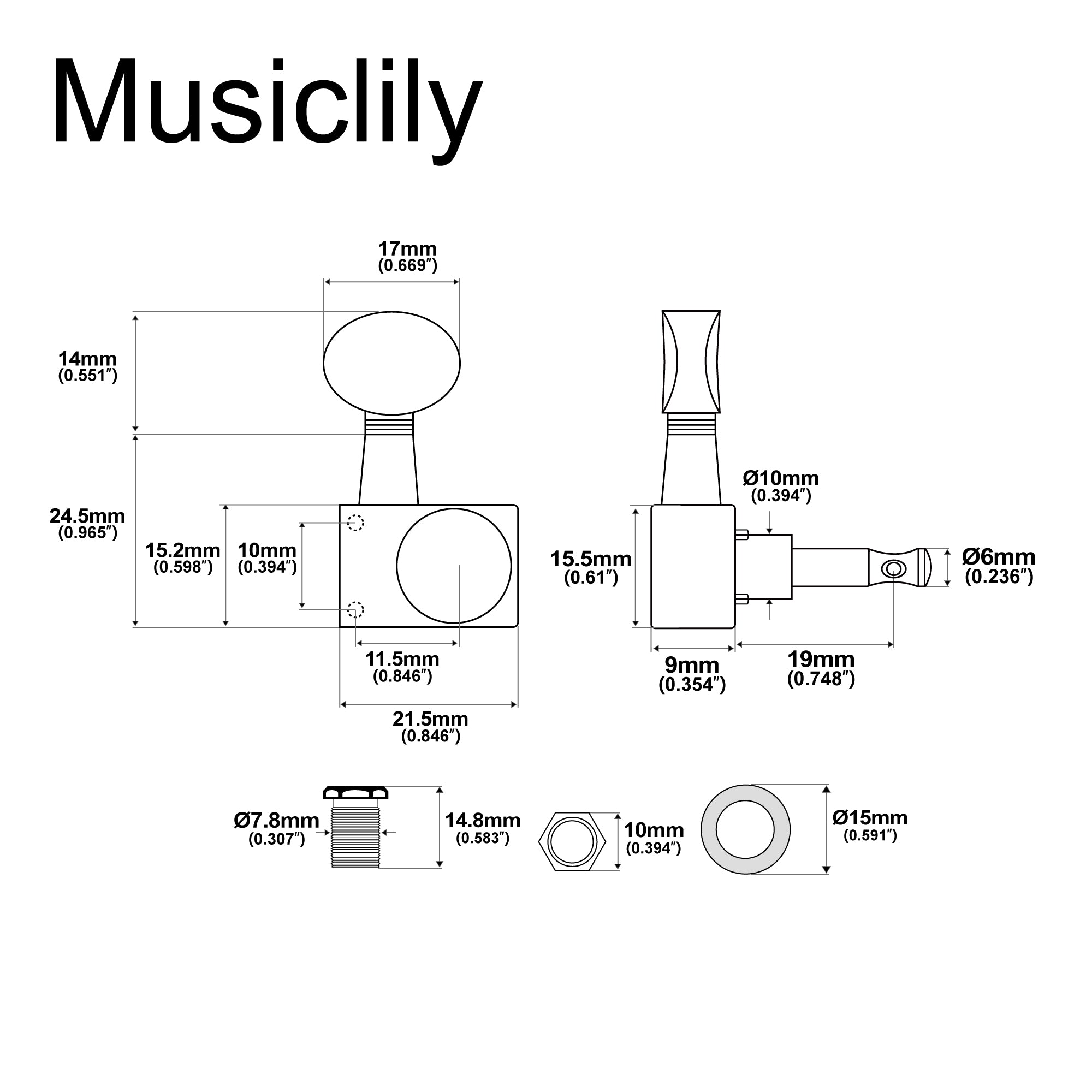 Musiclily Pro R18K-22 Single 18:1 Ratio 2-Pin Full Sealed Guitar Tuner Bass Side 19mm Post Machine Head Tuning Peg Key with Vintage Oval Button for Fender Strat Tele Style Electric Guitar