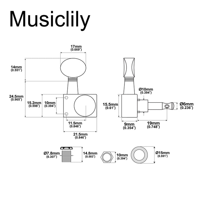 Musiclily Pro R18K-22 Single 18:1 Ratio 2-Pin Full Sealed Guitar Tuner Bass Side 19mm Post Machine Head Tuning Peg Key with Vintage Oval Button for Fender Strat Tele Style Electric Guitar