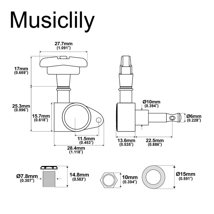 Musiclily Pro R18K-23 3R3L 18:1 Ratio Full Sealed Machine Heads Tuners Tuning Pegs Keys with GR-Style Button for Acoustic Electric Guitar