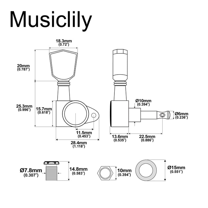 Musiclily Pro R18K-25 3R3L 18:1 Ratio Full Sealed Machine Heads Tuners Tuning Pegs Keys with Keystone Button for Acoustic Electric Guitar