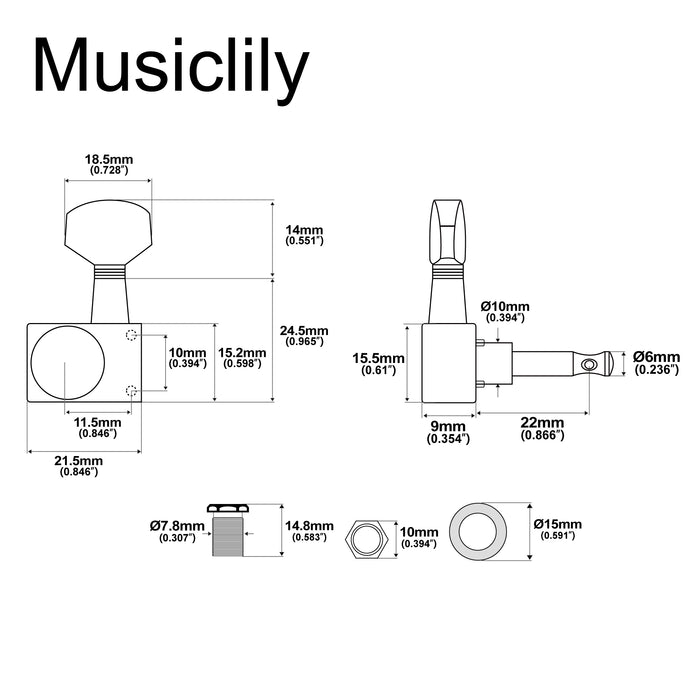 Musiclily Pro R18K-19 Single 18:1 Ratio 2-Pin Full Sealed Guitar Tuner Treble Side 22mm Post Machine Head Tuning Peg Key with Hex Button for Fender Strat Tele Style Electric Guitar