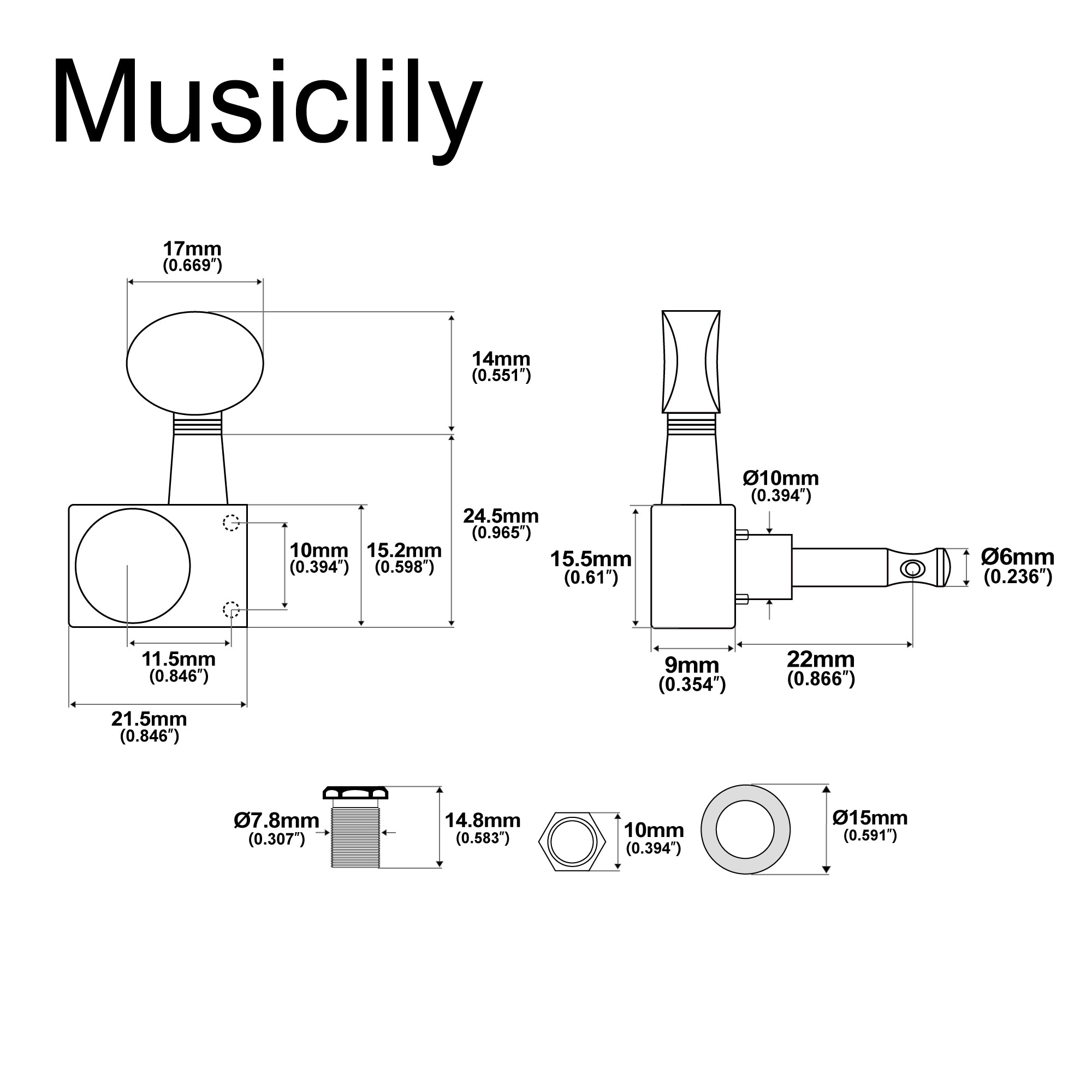 Musiclily Pro R18K-21 Single 18:1 Ratio 2-Pin Full Sealed Guitar Tuner Treble Side 22mm Post Machine Head Tuning Peg Key with Vintage Oval Button for Fender Strat Tele Style Electric Guitar