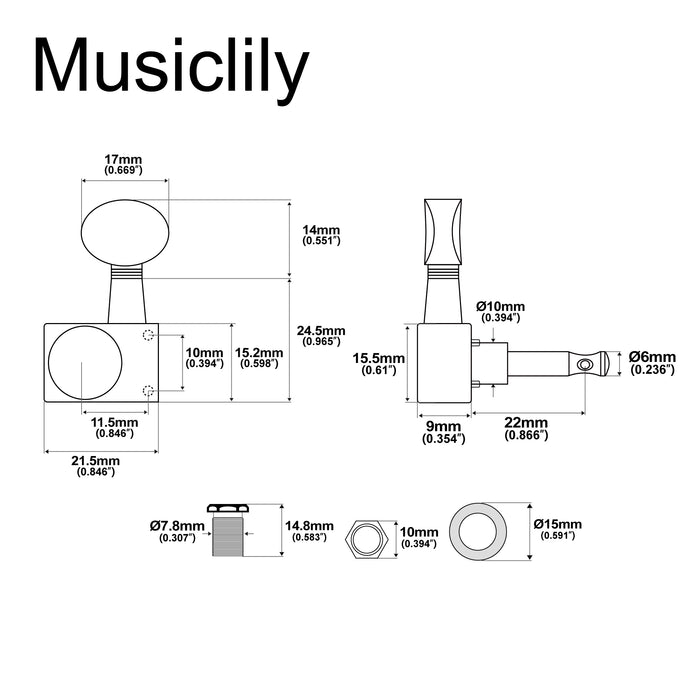 Musiclily Pro R18K-21 Single 18:1 Ratio 2-Pin Full Sealed Guitar Tuner Treble Side 22mm Post Machine Head Tuning Peg Key with Vintage Oval Button for Fender Strat Tele Style Electric Guitar