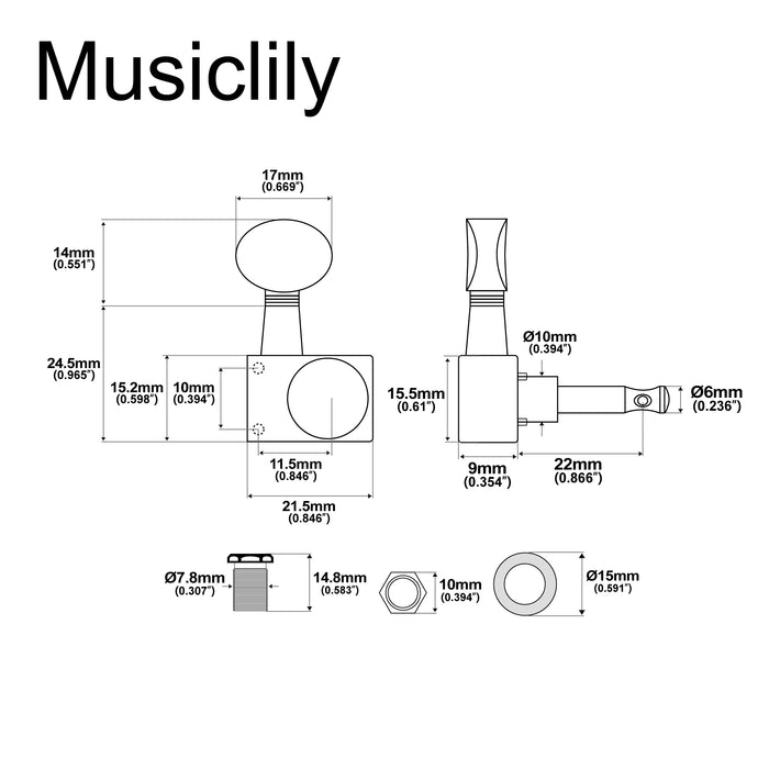 Musiclily Pro R18K-22 Single 18:1 Ratio 2-Pin Full Sealed Guitar Tuner Bass Side 22mm Post Machine Head Tuning Peg Key with Vintage Oval Button for Fender Strat Tele Style Electric Guitar