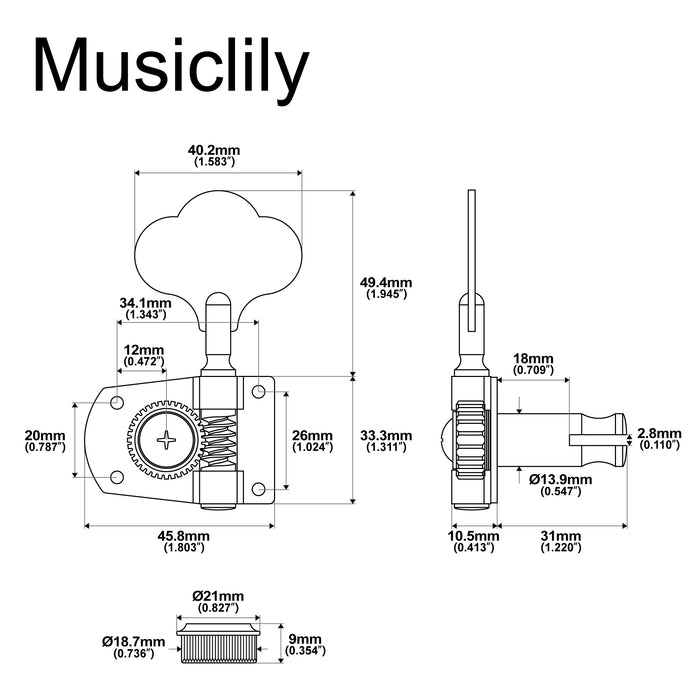 Musiclily Pro R21K Single 21:1 Ratio Open Gear Machine Head Treble Side Tuner Tuning Peg Key with Clover Button for Mexican MIM Fender PB JB Style Electric Bass