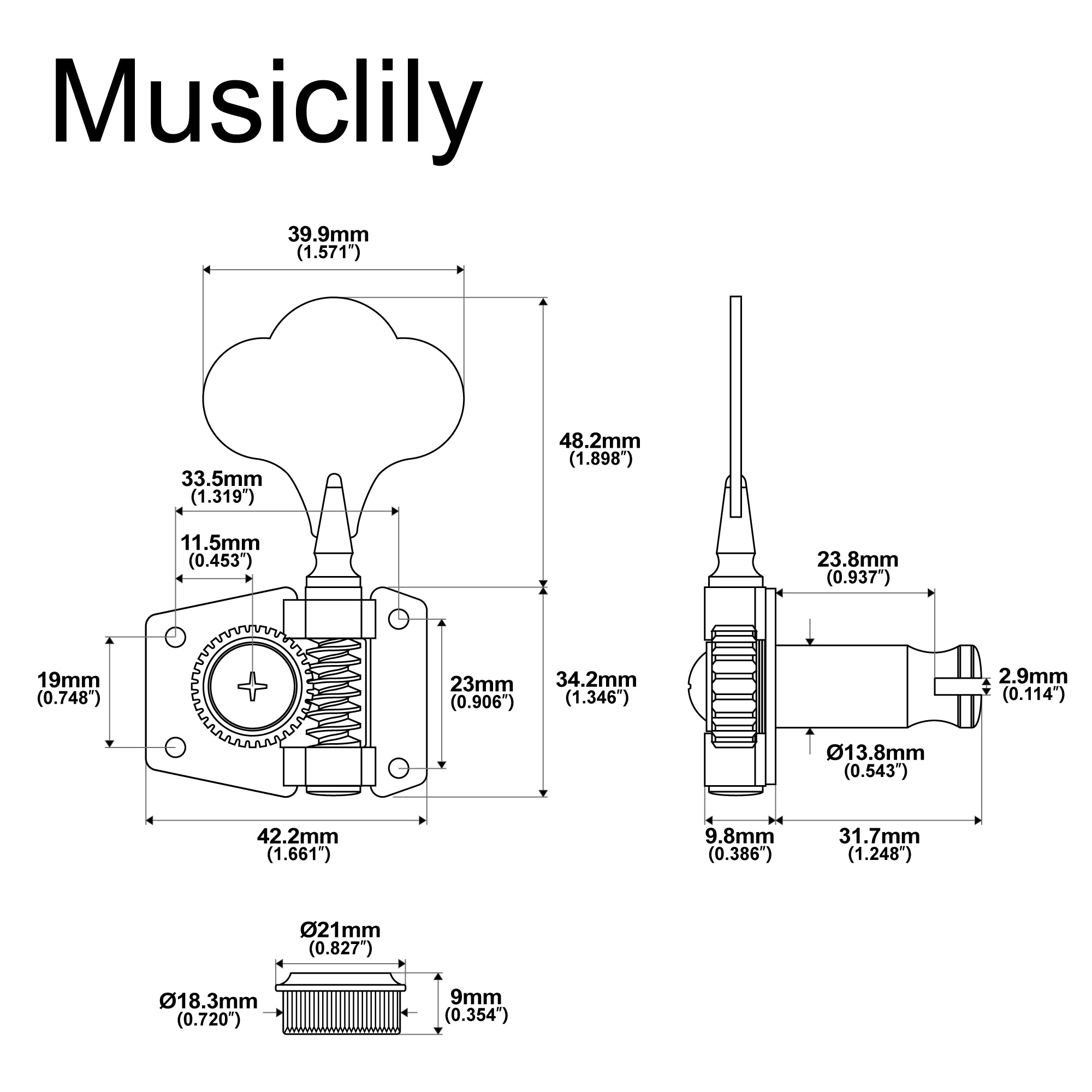 Musiclily Pro R21K afinadores para bajo eléctrico estilo Squier PB JB, para zurdos, en línea, relación 21:1, con botón de trébol