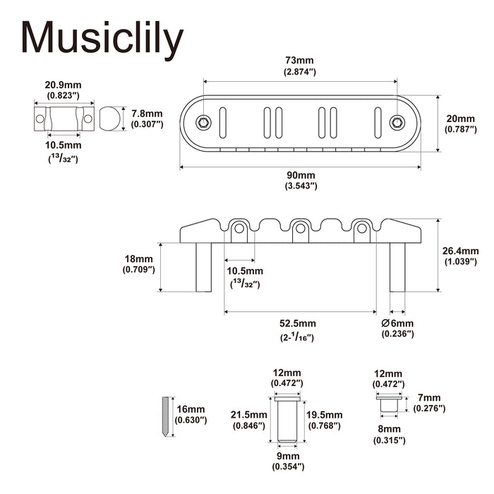 Musiclily Ultra 52.5mm(2-1/16 inch) String Spacing Offset Bridge with Full Solid Brass Plate Compensated 3-Saddle for Jazzmaster Jaguar Style Electric Guitar