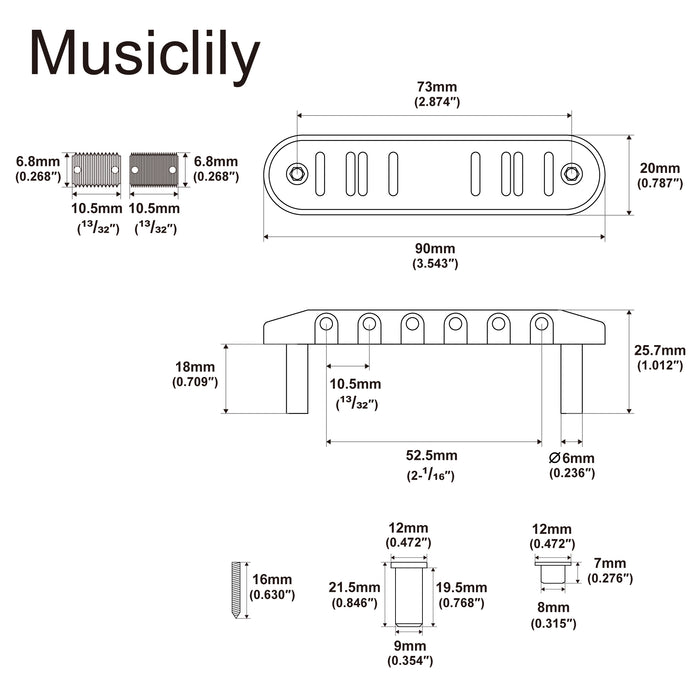 Musiclily Ultra 52.5mm(2-1/16 inch) String Spacing Offset Bridge with Full Solid Brass Plate Threaded Vintage 6-Saddle for Jazzmaster/Jaguar Style Electric Guitar