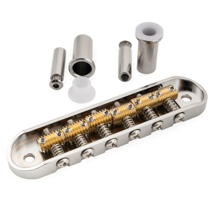 Musiclily Ultra 52.5mm(2-1/16 inch) String Spacing Offset Bridge with Full Solid Brass Plate Threaded Vintage 6-Saddle for Jazzmaster/Jaguar Style Electric Guitar