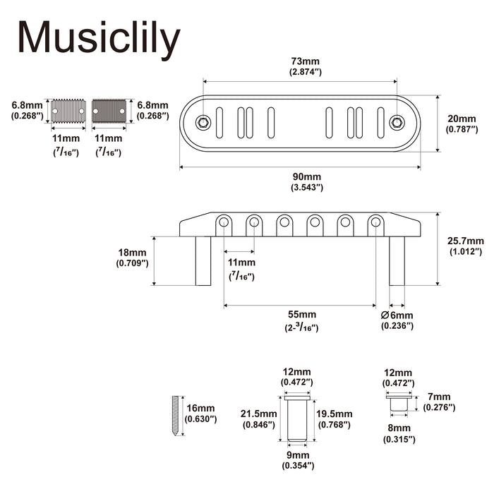 Musiclily Ultra 55mm(2-3/16 inch) String Spacing Offset Bridge with Full Solid Brass Plate Threaded Vintage 6-Saddle for Jazzmaster Jaguar Style Electric Guitar