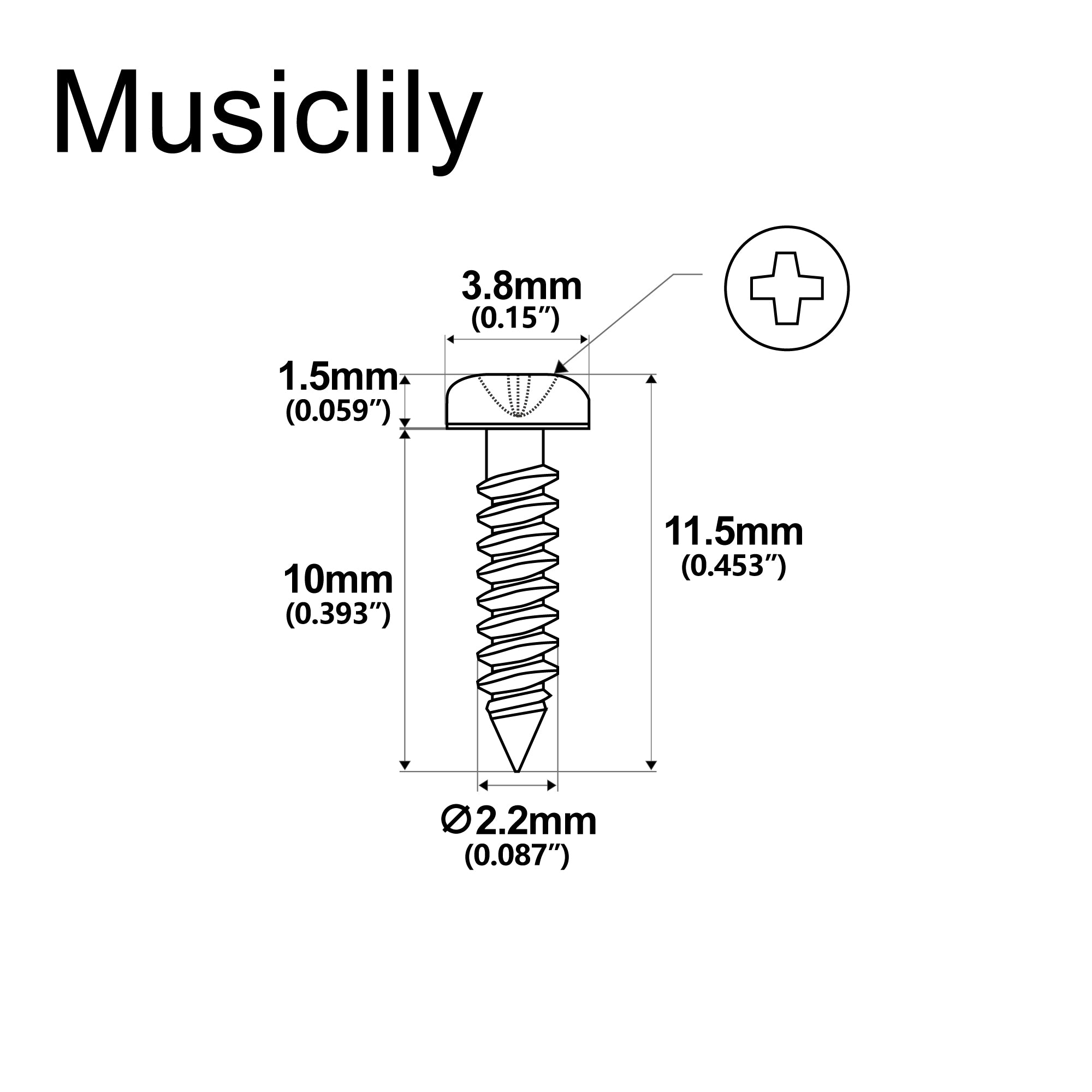 Musiclily Tornillos de montaje de acero inoxidable de cabeza pan de 2.2x10mm para afinadores de guitarra acústica eléctrica y bajo, conjunto de 20