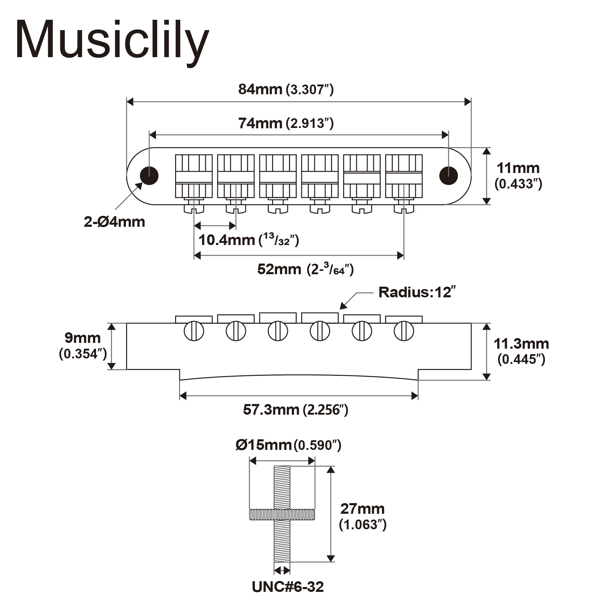 Kluson USA 52mm Replacement Non-Wired ABR-1 Tune-O-Matic Bridge with Brass Saddles for Gibson LP SG Style Electric Guitar