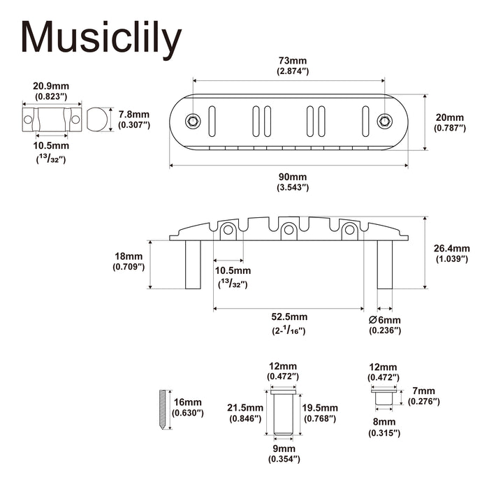 Musiclily Ultra 52.5mm(2-1/16 inch) String Spacing Offset Bridge with Full Solid Brass Open-ended Plate Compensated 3-Saddle for Jazzmaster Jaguar Style Electric Guitar