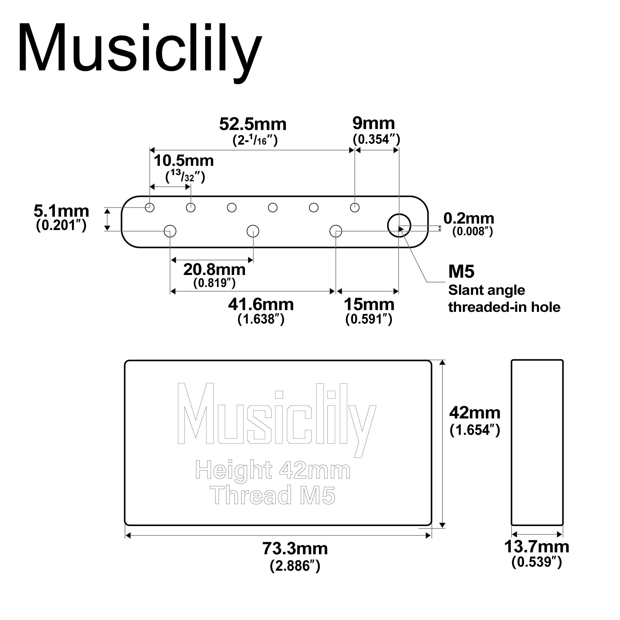 Musiclily Ultra 52,5 mm (2-1/16 pouce) bloc de vibrato en acier massif pour guitare électrique de style Strat Fender Player à 2 points (MIM Mexique), 42 mm de haut