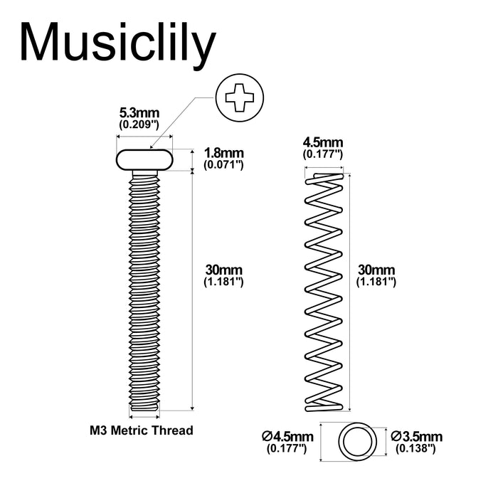 Musiclily Pro Metric M3X30mm Steel Saddle Intonation Screws and Springs Set for Imported Electric Guitar Bass Bridge, Set of 6