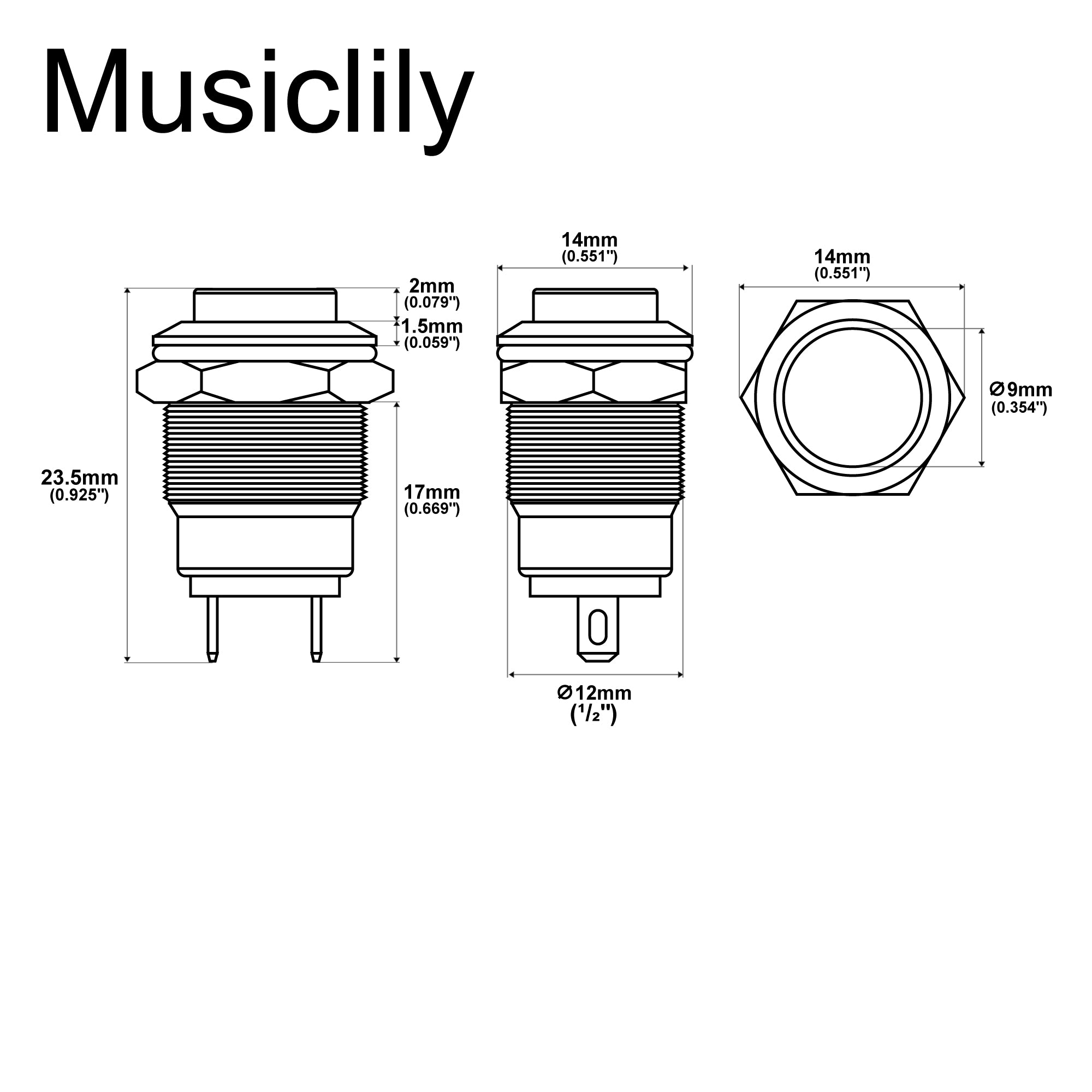 Musiclily Pro Interrupteur à bouton-poussoir momentané de type kill switch, en acier inoxydable pré-câblé, 12 mm (1/2 pouce), pour guitare électrique et basse