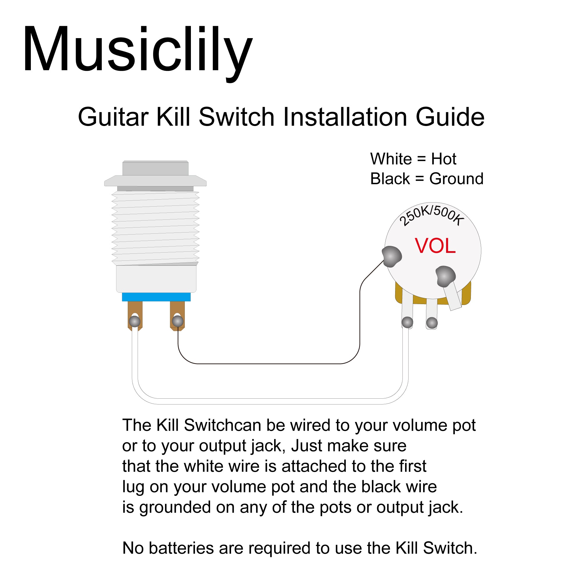 Musiclily Pro Interrupteur à bouton-poussoir momentané de type kill switch, en acier inoxydable pré-câblé, 12 mm (1/2 pouce), pour guitare électrique et basse