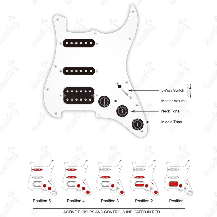 Diagrama de cableado para pastilla humbucker dividida automática estilo americano ST-HSS con Musiclily Pro