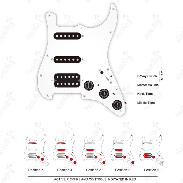 Diagrama de cableado para guitarra tipo ST-HSS con división automática de humbucker y pastillas Revival