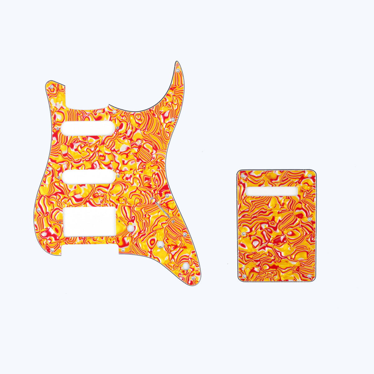 Musiclily SSH 11 Hole Strat Guitar Pickguard and BackPlate Set for Fender USA/Mexican Standard Stratocaster Modern Style, 4Ply Red Yellow Shell