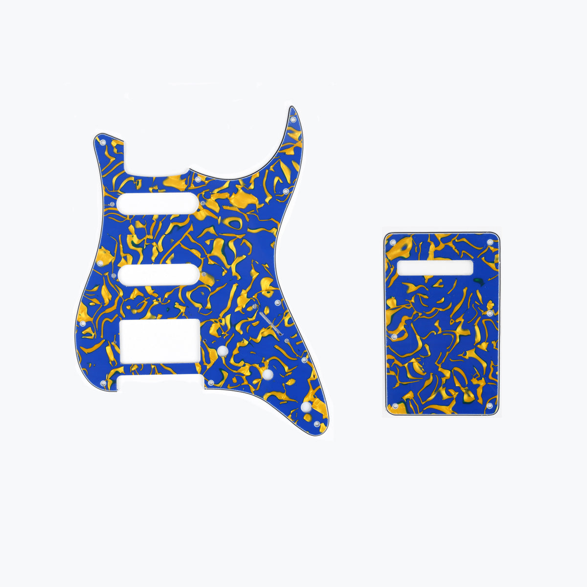 Musiclily SSH 11 Hole Strat Guitar Pickguard and BackPlate Set for Fender USA/Mexican Standard Stratocaster Modern Style, 4Ply Blue Yellow Shell
