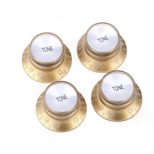 Musiclily Pro Imperial Inch Size Top Hat Bell Reflector Tone Knobs for USA Made Les Paul SG Electric Guitar, Gold with Silver Top (Set of 4)