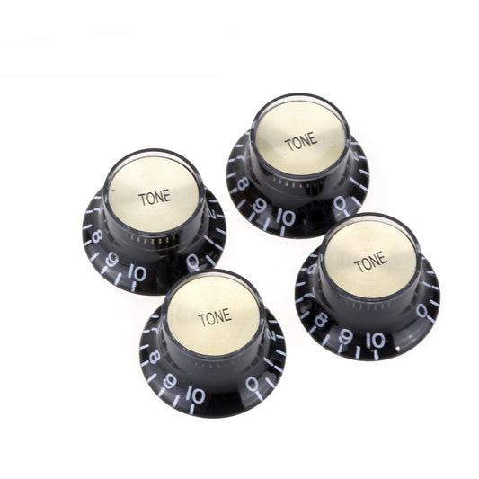 Musiclily Pro Imperial Inch Size Top Hat Bell Reflector Tone Knobs for USA Made Les Paul SG Electric Guitar, Black with Gold Top (Set of 4)