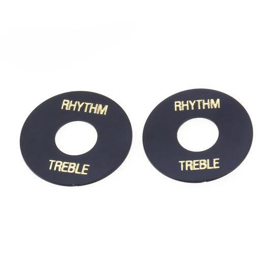 Musiclily Pro Self Adhesive Guitar Toggle Switch Plate LP Washer Rhythm Treble Ring, Black with Gold Words (Set of 2)