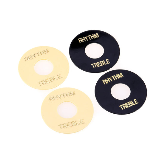 Musiclily Pro Self Adhesive Toggle Switch Plates LP Washer Treble Rhythm Ring, Black/Cream with Gold Words(Set of 4)